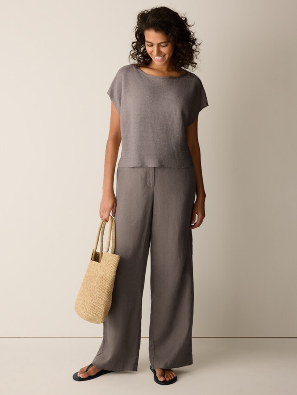 Eileen Fisher Linen Wide Leg Pants Gray Elastic Back Pockets USA Size Small